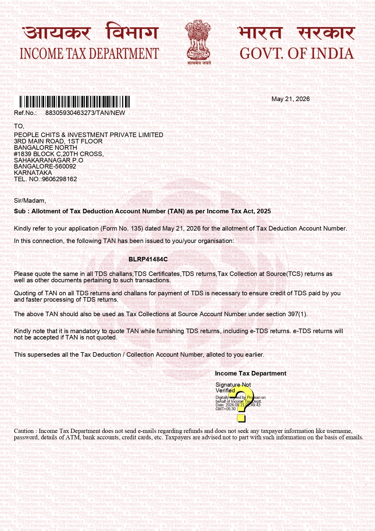 TAN Certificate